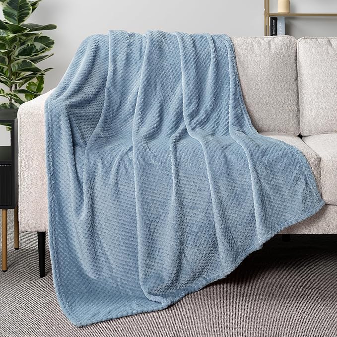 PAVILIA Dusty Blue Throw Blanket for Couch, Twin Bed, Soft Fleece Throws for Sofa Chair, Fuzzy Waffle Textured Blanket, Cozy Warm Lightweight All Season Blanket Throw, 60x80