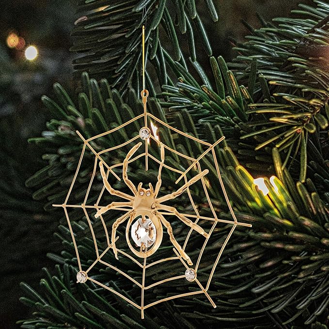 Matashi Christmas Decorations Spider On Web Ornament 24K Gold Plated Crystal Studded - Miracle Tinsel Legend Story,Tree Décor, Perfect for Christmas Gifts, Holiday Gifting, Seasonal Home Accents