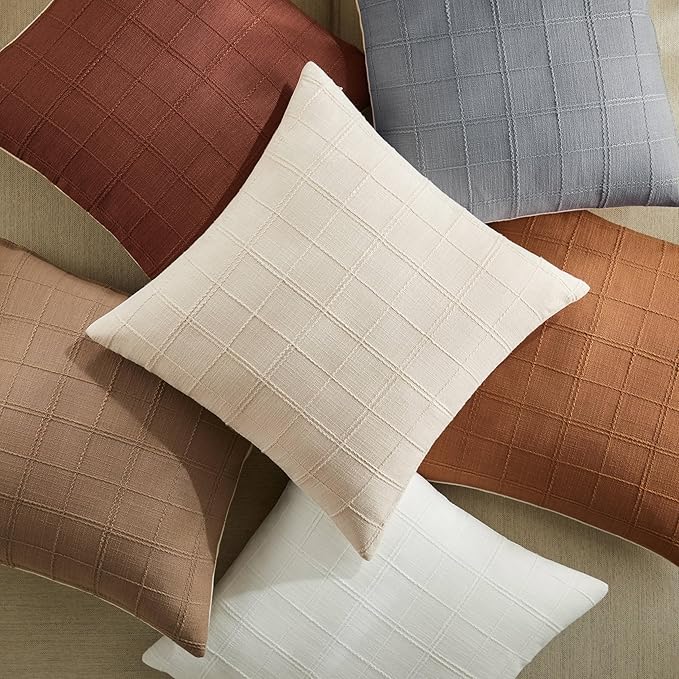 ZeeMart Linen Checked Throw Pillow Covers Set of 2, 16x16 Inch Terracota/Cream, Farmhouse Decorative Single Sided Grid Embroidered Couch Pillow Cases Rust Cotton Linen Cushion Covers