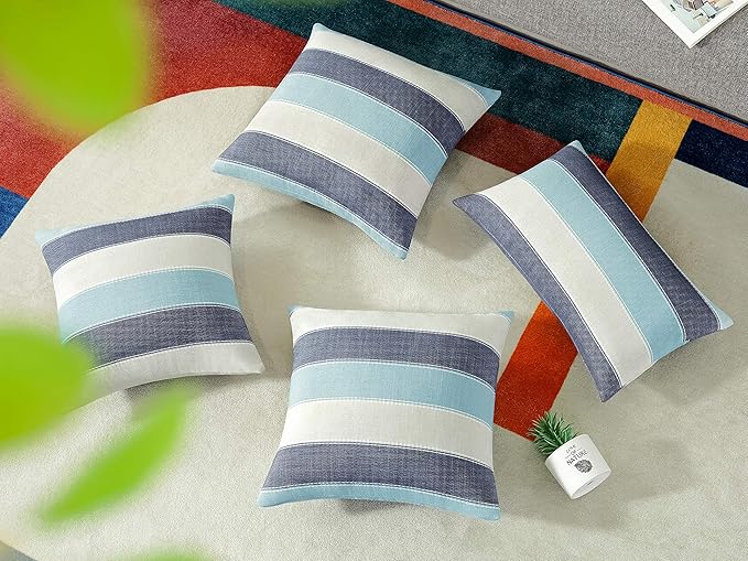 AmHoo Pack of 2 Farmhouse Stripe Check Throw Pillow Covers Set Case Cotton Linen Decorative Pillowcases Cushion Cover for Couch Bench Sofa 12x20Inch Blue Beige