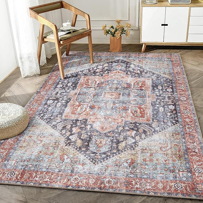 Bloom Rugs Washable Non-Slip 4' x 6' Rug - Terracotta/Blue Traditional Medallion Area Rug for Living Room, Bedroom, Dining Room, and Kitchen - Exact Size: 4' x 6'