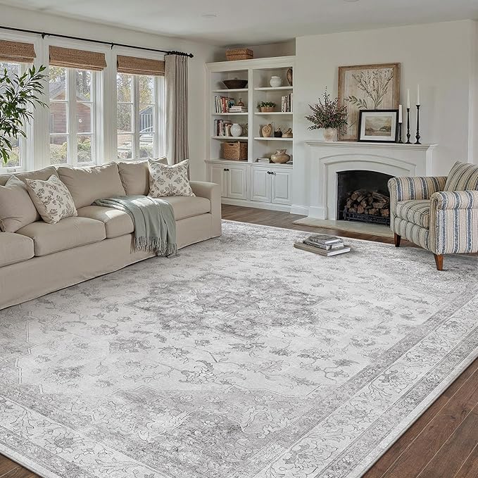 Grey Gray Area Rug 8x10 Washable Vintage Carpet for Living Room Bedroom Large Soft Retro Low Pile Thin Indoor Rug Non Slip Oriental Medallion Floor Cover for Dining Room Office
