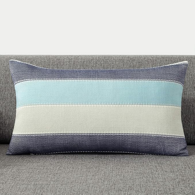 AmHoo Pack of 2 Farmhouse Stripe Check Throw Pillow Covers Set Case Cotton Linen Decorative Pillowcases Cushion Cover for Couch Bench Sofa 12x20Inch Blue Beige