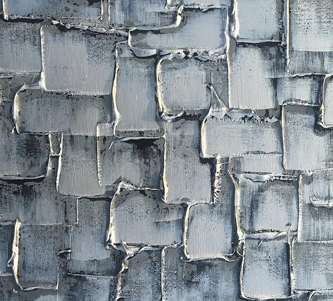 MyArton Textured Abstract Squares Canvas Wall Art Hand Painted Modern Silver Oil Painting for Decoration Ready to Hang 48x24inch