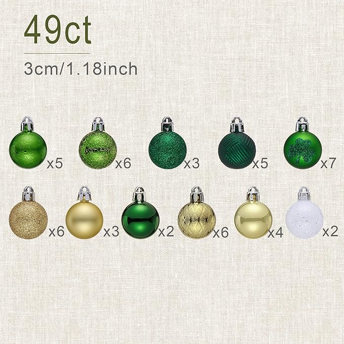 DecorbyHannah St Patricks Day Decorations Shamrock Christmas Tree Ornaments Set, 49ct 1.18inches Mini Green Gold St. Patrick's Day Shatterproof Luck Clover Small Hanging Ornament for Irish Day Party