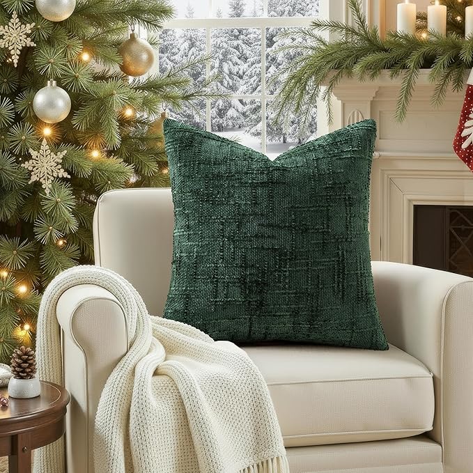decorUhome Christmas Green Chenille Throw Pillow Covers 26x26 Set of 2 Thick Textured Slubby Couch Pillow Covers Farmhouse Accent Modern Neutral Decorative Pillow Cases for Bed Sofa Living Room