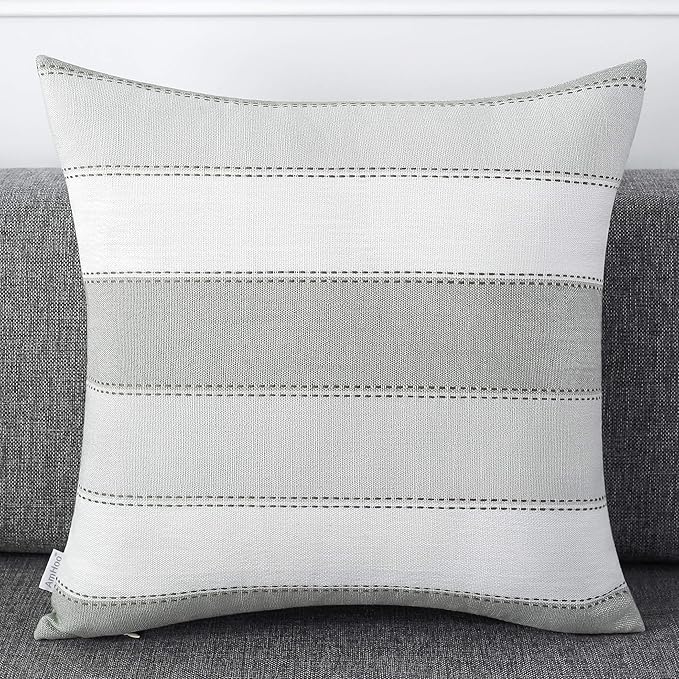 AmHoo Pack of 2 Farmhouse Stripe Check Throw Pillow Covers Set Case Cotton Linen Decorative Pillowcases Cushion Cover for Couch Bench Sofa 16x16Inch Light Grey Beige