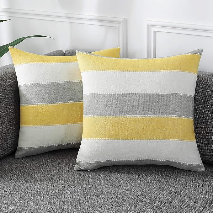 AmHoo Pack of 2 Farmhouse Stripe Check Throw Pillow Covers Set Case Cotton Linen Decorative Pillowcases Cushion Cover for Couch Bench Sofa 16x16Inch Yellow Beige