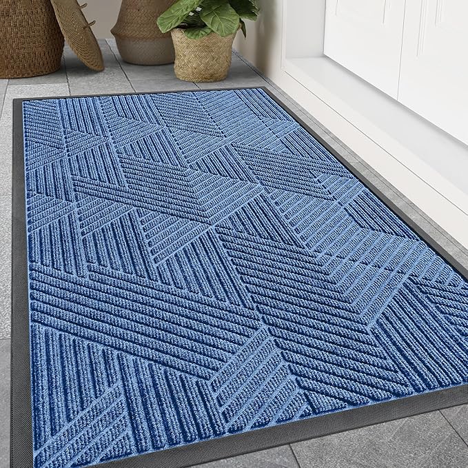 Smiry Front Door Mat Outside Entrance, Heavy Duty Sturdy Natural Rubber Doormat, Trap Dirt and Moisture, Easy Clean Low Profile Welcome Floor Mats for Indoor Outdoor Entry, 59x34 Inch, Blue