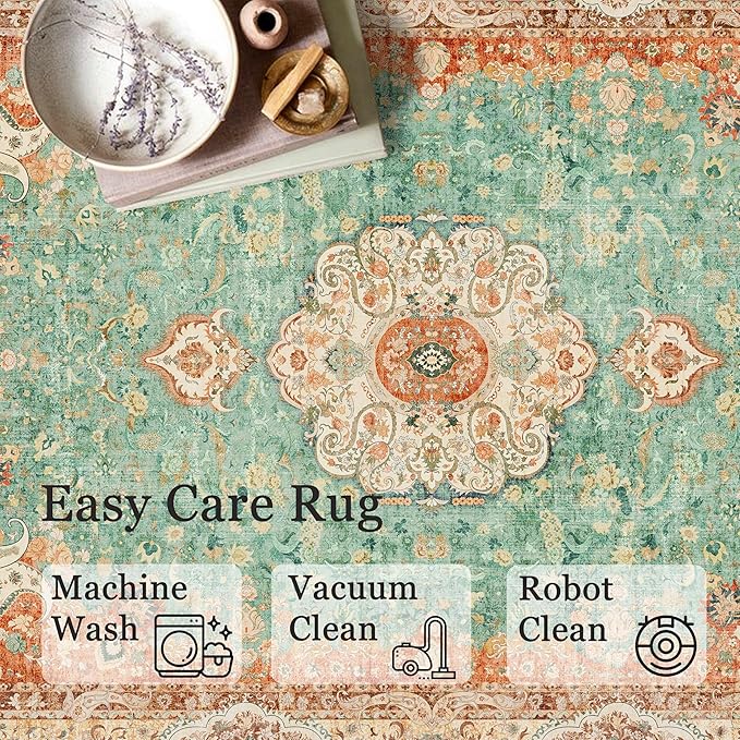Washable Runner Rug 2x6,Boho Rug Runners Non Slip,Long Rugs for Hallways Kitchen Bedroom Entryway Bathroom,Vintage Bohemian Distressed Farmhouse Floor Carpet,Retro Orange Green Floral