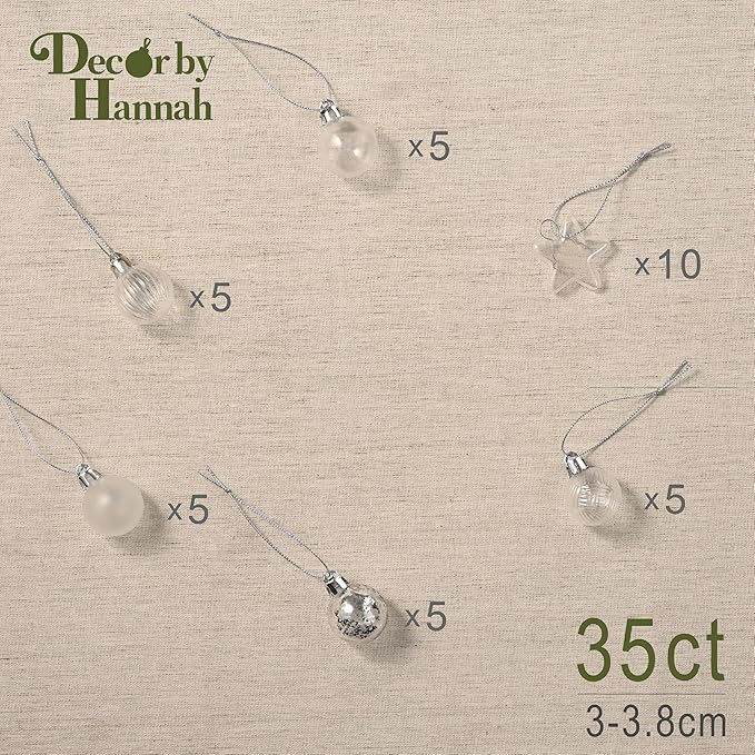 DecorbyHannah Mini Christmas Tree Ornaments, 35ct 1.18inches White Christmas Ball Ornaments for Tree Decorations, Small Clear Shatterproof Plastic Hanging Balls Bulk for Xmas, Party, Wedding