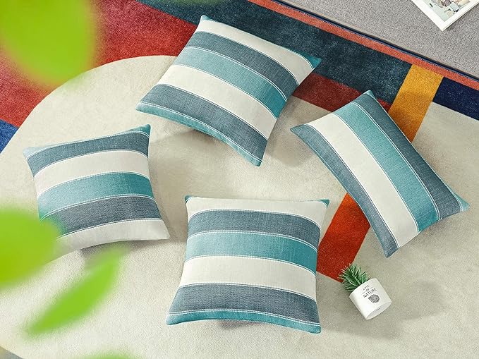 AmHoo Pack of 2 Farmhouse Stripe Check Throw Pillow Covers Set Case Cotton Linen Decorative Pillowcases Cushion Cover for Couch Bench Sofa 16x16Inch Teal Blue