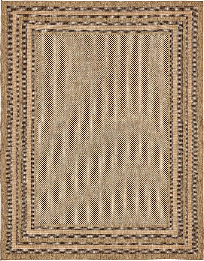 Unique Loom Outdoor Border Collection Area Rug - Multi Border (9' x 12' Rectangle, Light Brown/ Brown)