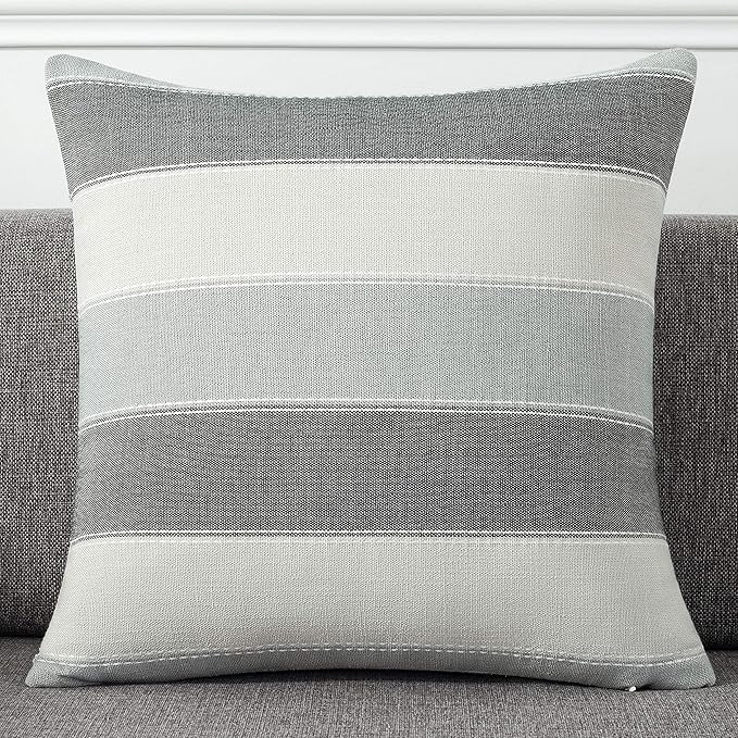 AmHoo Pack of 2 Farmhouse Stripe Check Throw Pillow Covers Set Case Cotton Linen Decorative Pillowcases Cushion Cover for Couch Bench Sofa 26x26Inch Dark Grey Beige