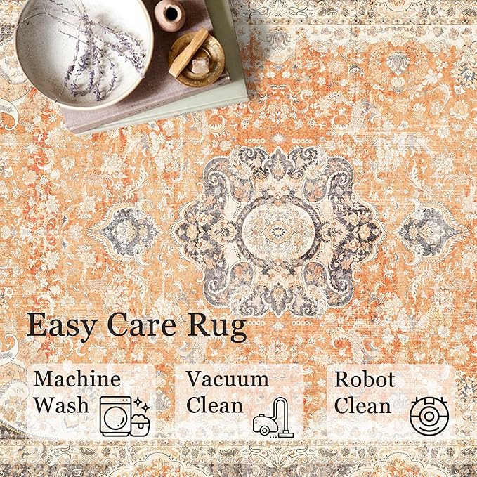 Boho Rug 3x5,Washable Area Rugs for Bedroom Living Room Kitchen Entryway,Small Vintage Bohemian Farmhouse Distressed Non Slip Carpet,Retro Orange Grey Floral