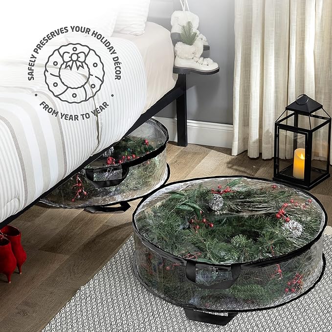 ZOBER 2 Pack Christmas Wreath Storage Container 36 Inch - Wreath Bag for Artificial Wreaths Box - Dual Zippered Wreaths Storage Bag with Durable Stitch Reinforced Handles - Black
