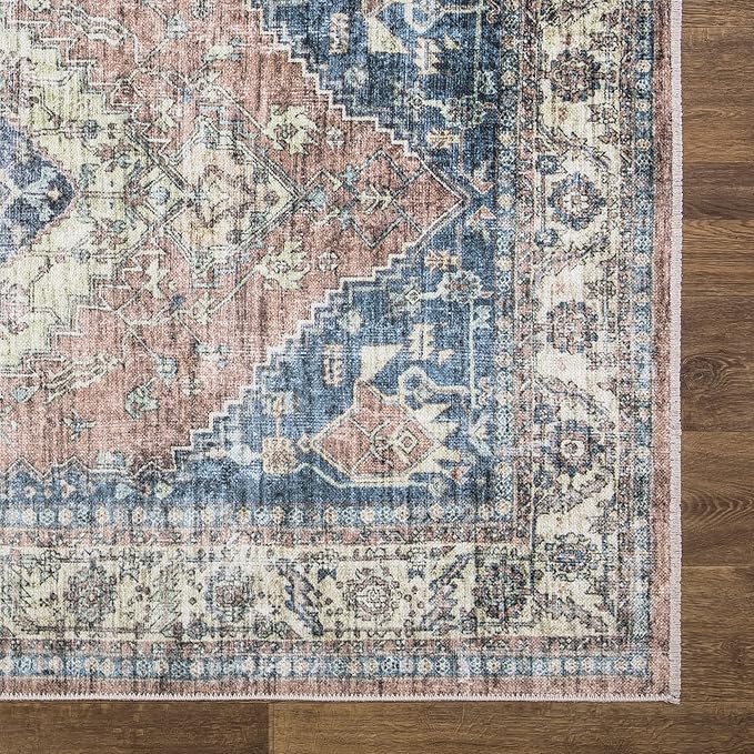Bloom Rugs Caria Washable Non-Slip 7 ft Runner - Coral Pink/Ocean Blue Traditional Runner for Entryway, Hallway, Bathroom, and Kitchen - Exact Size: 2'6" x 7'