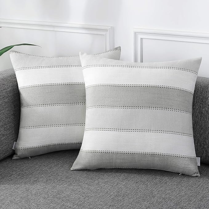AmHoo Pack of 2 Farmhouse Stripe Check Throw Pillow Covers Set Case Cotton Linen Decorative Pillowcases Cushion Cover for Couch Bench Sofa 26x26Inch Light Grey Beige