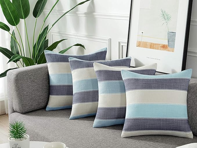 AmHoo Pack of 2 Farmhouse Stripe Check Throw Pillow Covers Set Case Cotton Linen Decorative Pillowcases Cushion Cover for Couch Bench Sofa 20x20Inch Blue Beige