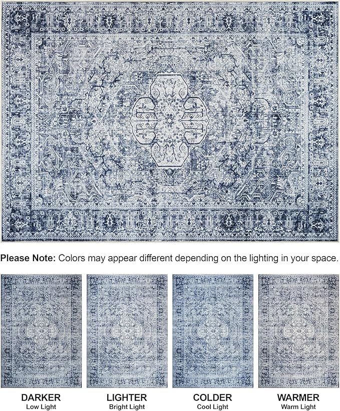 Bloom Rugs Washable Non-Slip 4' x 6' Rug - Ivory/Denim Blue Traditional Medallion Area Rug for Living Room, Bedroom, Dining Room, and Kitchen - Exact Size: 4' x 6'