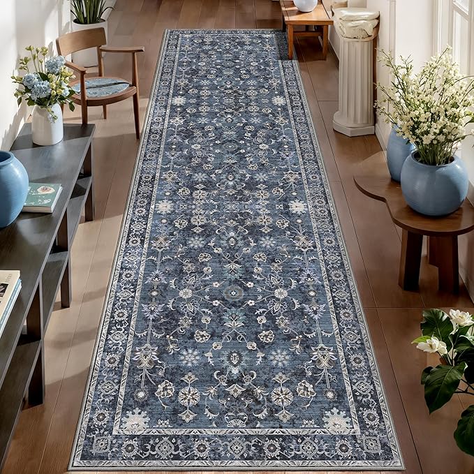 Tangsoo 2x12 Washable Long Runner Rug for Hallway Non Slip, Boho Floral Vintage Carpet Runner Rugs for Entryway Kitchen, Floor Low Pile Runners for Laundry Bedroom Alfombra Blue Black Farmhouse