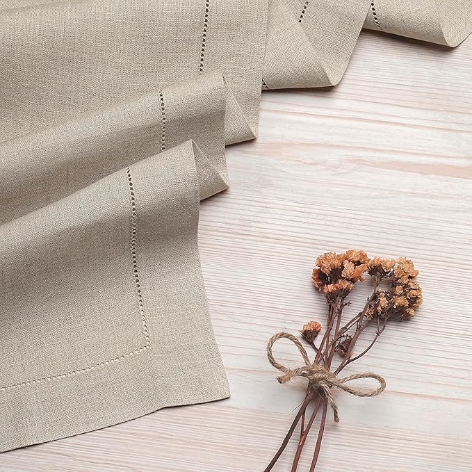 D'Moksha Homes Linen Natural Table Runner 90 Inches Long - Classic Hemstitch 100% Pure Linen Dining Table Runner 14 x 90 Inch for Valentines, Spring, Easter