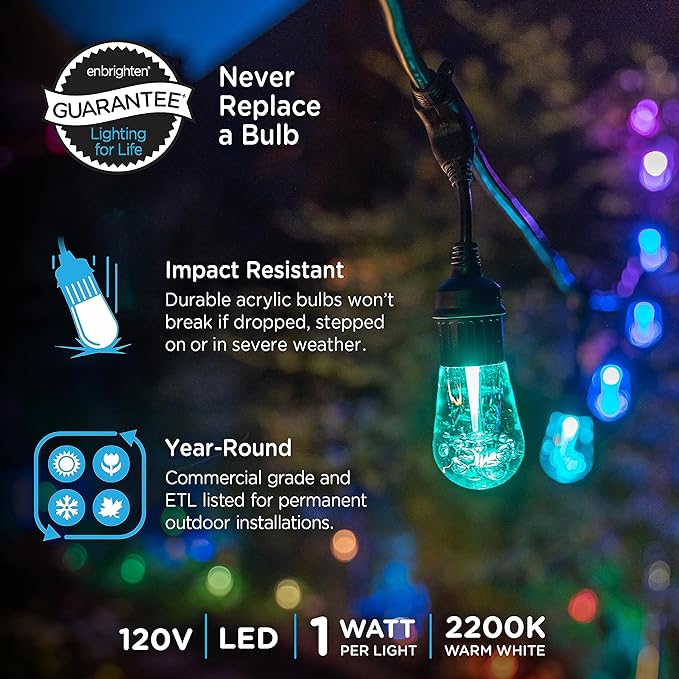 Enbrighten Vintage Outdoor String Lights, 48ft, 24 RGB Acrylic Bulbs, Weatherproof, RF Remote Control, Perfect for Holidays, Gameday, Parties, and More, 37790
