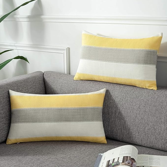 AmHoo Pack of 2 Farmhouse Stripe Check Throw Pillow Covers Set Case Cotton Linen Decorative Pillowcases Cushion Cover for Couch Bench Sofa 12x20Inch Yellow Beige