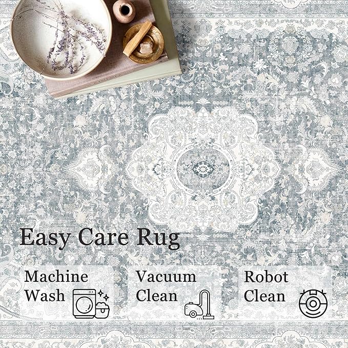 Washable Runner Rug 2x6,Grey Rug Runners Non Slip,Long Boho Rugs for Hallways Kitchen Bedroom Entryway Living Room Bathroom,Vintage Bohemian Distressed Floor Carpet,Floral