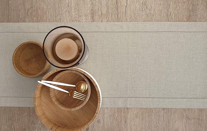 Solino Home Linen Natural Table Runner 120 Inches Long - 100% Pure Linen Hemstitch 14 x 120 Inch Table Runner for Dining, Spring, Easter - Classic Hemstitch