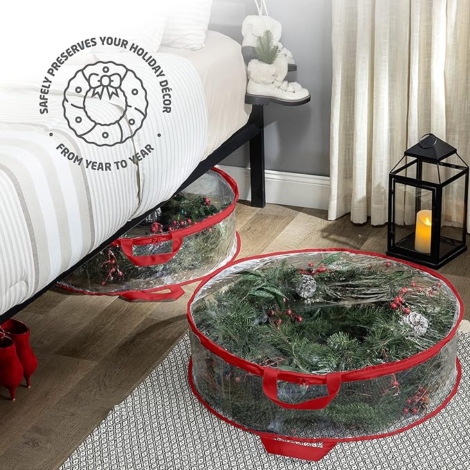 ZOBER 2 Pack Christmas Wreath Storage Container 30 Inch - Wreath Bag for Artificial Wreaths Box - Dual Zippered Wreaths Storage Bag with Durable Stitch Reinforced Handles - Red