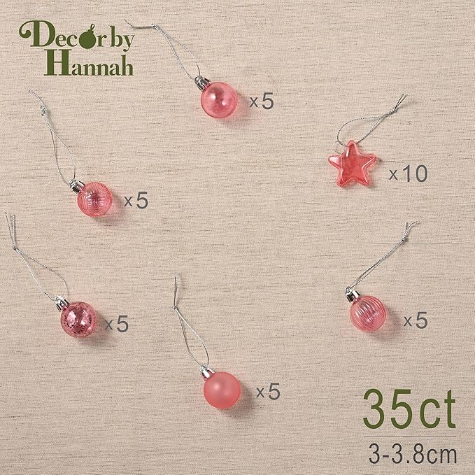 DecorbyHannah Mini Christmas Tree Ornaments, 35ct 1.18inches Pink Christmas Ball Ornaments for Tree Decorations, Small Pastel Clear Shatterproof Plastic Hanging Balls Bulk for Xmas, Party, Wedding