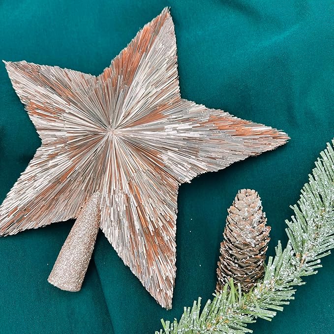10" Elegant Christmas Star Tree Topper - Classic 5-Pointed Star Top - Unique Design - Luxury Tinsel Stars - Handmade Tree Top - Holiday Decor for Medium and Big Trees - Large (10 inches) (Rose Gold)