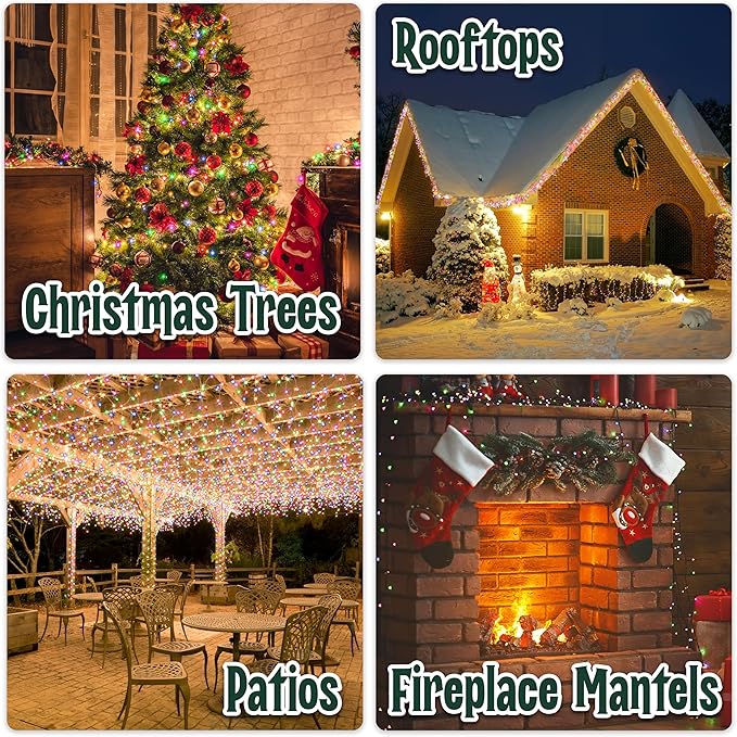 Warm Multi Color Christmas Tree Lights - 9 ft String of 50 Incandescent Mini Bulbs Multifunctional Lighting Modes, for Decorative, Bedroom, Outdoor, Xmas Twinkle Lights with Green Wire Total 10.4 ft