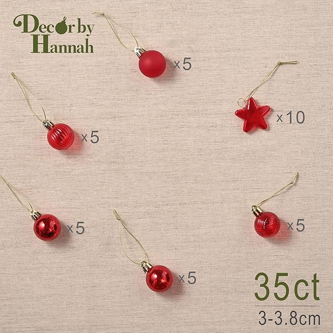 DecorbyHannah Mini Christmas Tree Ornaments, 35ct 1.18inches Red Christmas Ball Ornaments for Tree Decorations, Small Clear Shatterproof Plastic Hanging Balls Bulk for Xmas, Party, Wedding