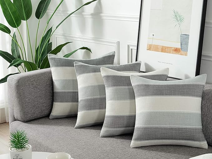 AmHoo Pack of 2 Farmhouse Stripe Check Throw Pillow Covers Set Case Cotton Linen Decorative Pillowcases Cushion Cover for Couch Bench Sofa 16x16Inch Dark Grey Beige