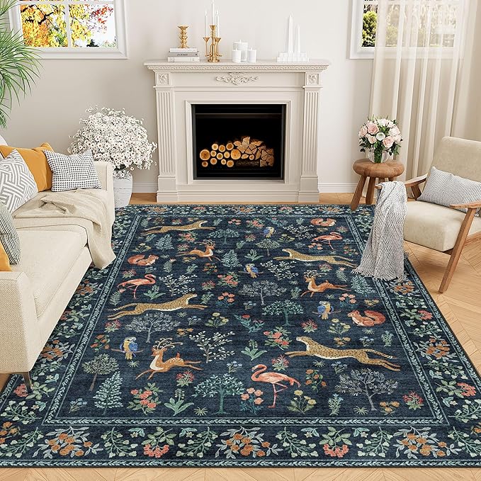DUKINO 6x9 Rug, Washable Animal Living Room Rug with Non Slip Vintage Design, Soft Low Pile Large Carpet for Bedroom, Nursery, Dining Room, Farmhouse, Playroom, Navy Blue