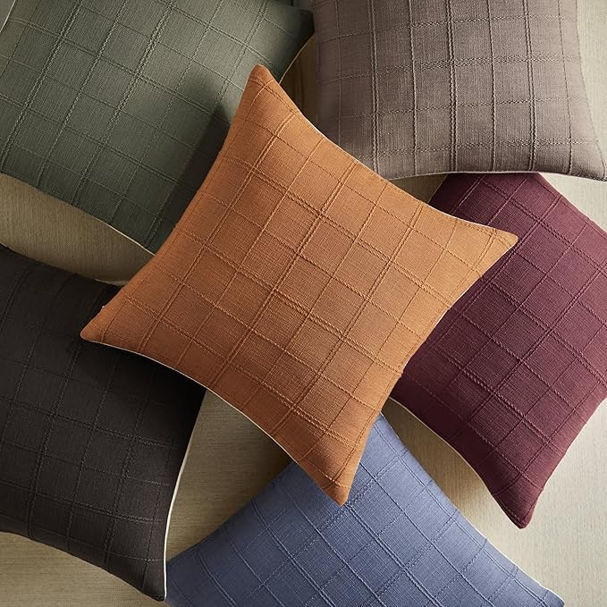 ZeeMart Linen Checked Throw Pillow Covers Set of 2, 16x16 Inch Cocoa Brown/Cream, Farmhouse Decorative Single Sided Grid Embroidered Couch Pillow Cases Brown Cotton Linen Cushion Covers