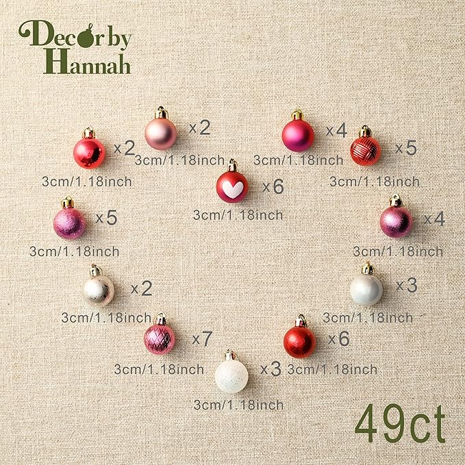 DecorbyHannah Mini Valentines Day Christmas Tree Ornaments Decorations, 49ct 1.18Inch Small Pink Red Heart Ornaments for Tree, Shatterproof Hanging Valentine's Day Decor for Wedding Anniversary Party