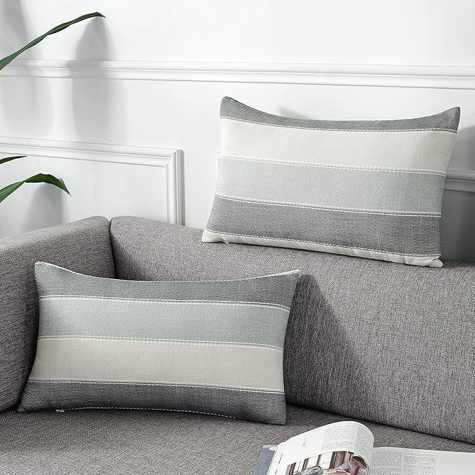 AmHoo Pack of 2 Farmhouse Stripe Check Throw Pillow Covers Set Case Cotton Linen Decorative Pillowcases Cushion Cover for Couch Bench Sofa 12x20Inch Dark Grey Beige