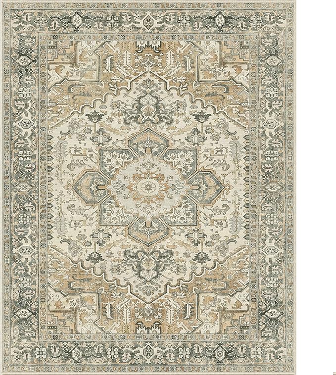 GENIMO Machine Washable 8x10 Area Rugs for Living Room, Non Slip Vintage Rugs, Low Pile Lightweight Chenille Print Rug for Bedroom, Dining Room, Home Office, Earthy Brown