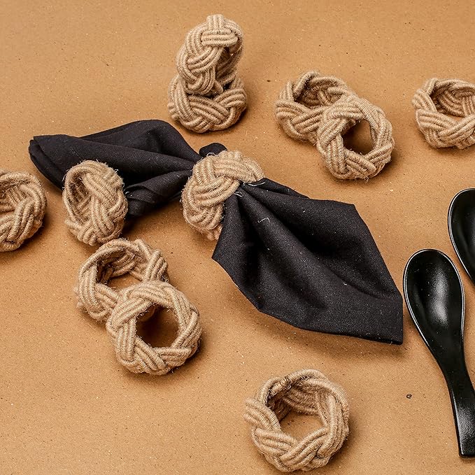 Nautical Jute Napkin Rings - Handmade Rustic Woven Coastal & Farmhouse Table Decor for Dining, Weddings, Parties & Home Entertaining - Napkin Rings Set of 12 (Brown) - ALPHA Living HOME