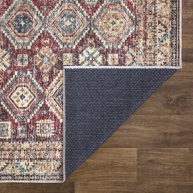 Bloom Rugs Caria Washable Non-Slip 8x10 Rug - Dark Red/Multicolor Traditional Area Rug for Living Room, Bedroom, Dining Room, and Kitchen - Exact Size: 7'8" x 10'