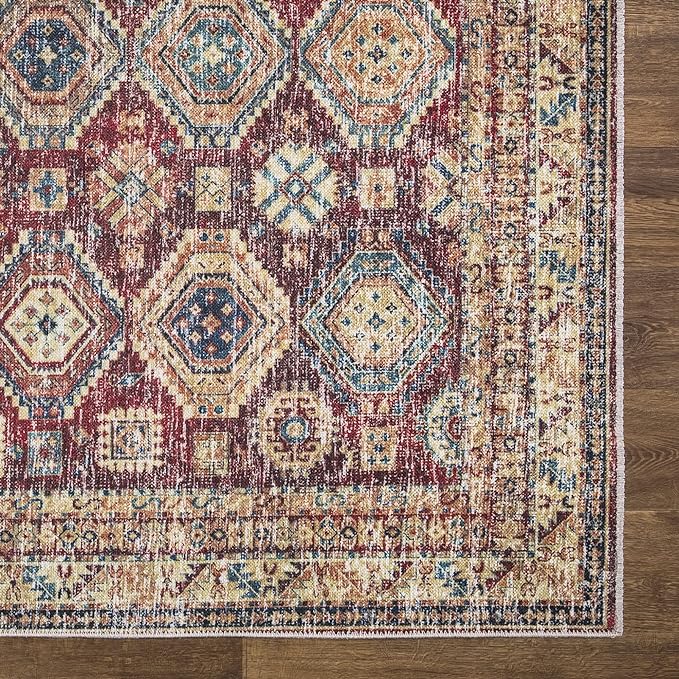 Bloom Rugs Caria Washable Non-Slip 8x10 Rug - Dark Red/Multicolor Traditional Area Rug for Living Room, Bedroom, Dining Room, and Kitchen - Exact Size: 7'8" x 10'
