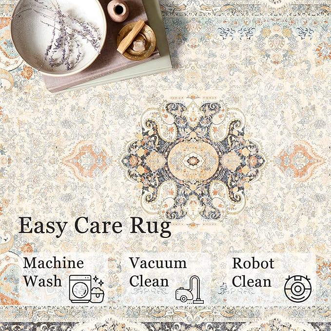 5x7 Area Rugs Washable,Vintage Rug for Living Room Bedroom Kitchen,Large Boho Bohemian Distressed Carpet Non Slip,Retro Blue Grey Floral