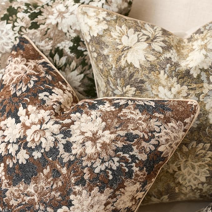 Yangest Neutral Floral Pillow Cover 24 x 24 Inches, Vintage Chenille Square Throw Pillow Cover Soft Decorative Farmhouse Accent Couch Pillow Cover for Living Room Bedroom, Coffee Brown