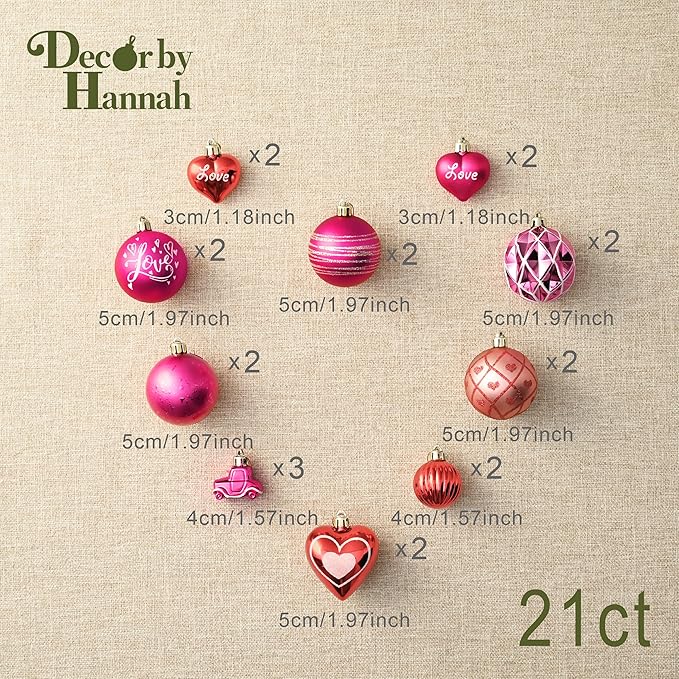 DecorbyHannah Valentines Day Christmas Tree Ornaments Decorations, 21ct Pink Red Heart Shaped Ornaments Set for Tree, Valentine's Day Small Shatterproof Hanging Ball for Wedding Anniversary Party