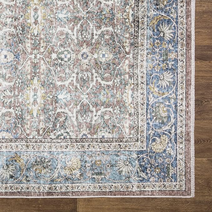 Bloom Rugs Caria Washable Non-Slip 6x9 Rug - Blue/Red Brown Traditional Area Rug for Living Room, Bedroom, Dining Room, and Kitchen - Exact Size: 6' x 9'
