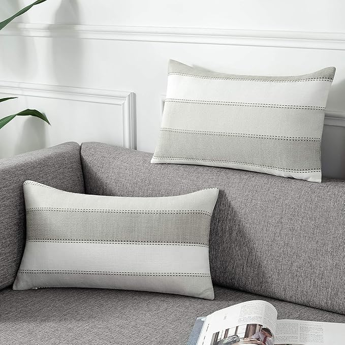 AmHoo Pack of 2 Farmhouse Stripe Check Throw Pillow Covers Set Case Cotton Linen Decorative Pillowcases Cushion Cover for Couch Bench Sofa 12x20Inch Light Grey Beige