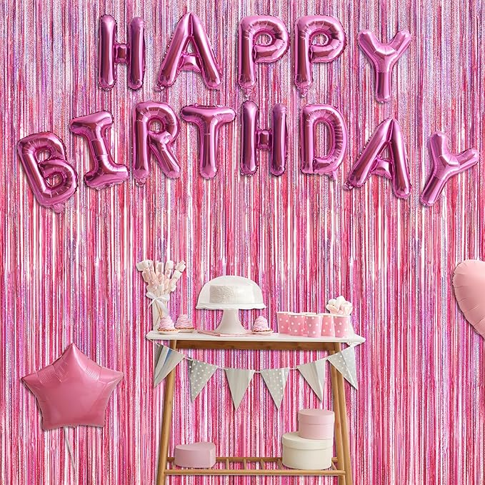 12 Pack Pink Backdrop, 3.28 FT x 7.05 FT Foil Streamers, Metallic Glitter Backdrop Pink Tinsel Fringe Curtains Party Streamers, Pink Birthday Party Decorations Photo Booth Props
